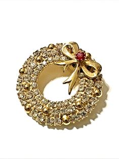 Vintage Clear & Red Rhinestone Brooch Wreath with Bow Pin Christmas 1 1/2"