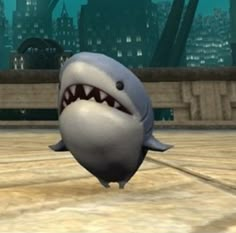 a cartoon shark with its mouth open and it's teeth wide open, standing in front of a cityscape