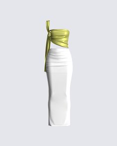 Some fits have an "I'm too good for you" kind of look, and this 2 piece set is one of them 😌 Featuring a green cropped top with a draped sashed detail, and a white jersey maxi skirt - you'll be the one everyone will wish they could have 💚 Green Top White Skirt, 2 Pieces Dress, 2 Piece Outfit Set Skirts, Finesse Clothing, White Set Outfit, White And Green Outfit, Green White Outfit, Green Top And Skirt, Green And White Outfit