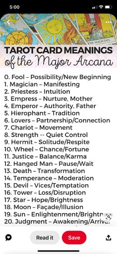 tarot card meanings for the major arcanas on an iphone screen with text