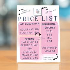 a price list for some kind of item on a table