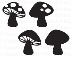 four black and white silhouettes of mushrooms on a white background, each with different shapes