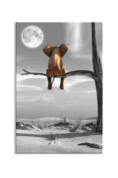 an elephant sitting on top of a tree branch in front of a moon filled sky