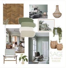 a collage of green and neutrals in a living room, dining room, bedroom