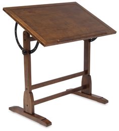 a wooden table with a metal handle on it's legs and a wood top