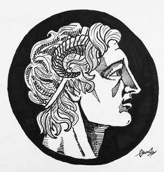 a black and white drawing of a man's head with curly hair in a circle