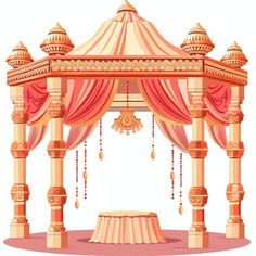 an ornate gazebo with curtains and table cloths on the floor, isolated against a white background