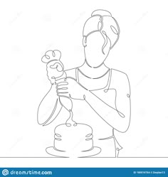 a continuous line drawing of a woman decorating a cake