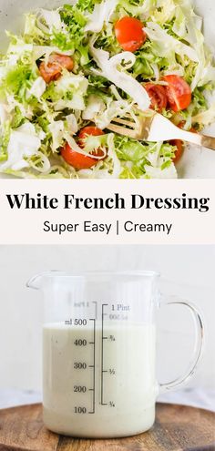 white french dressing in a glass measuring cup next to a bowl of salad