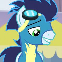 a blue pony with an eye patch on it's forehead