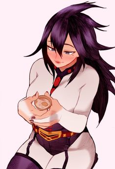 an anime character with long black hair holding a small object in her hands and looking at the camera