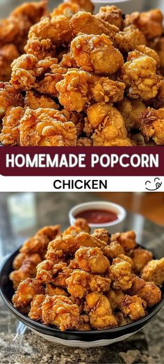 fried chicken is shown in two different pictures, one with the words homemade popcorn on it