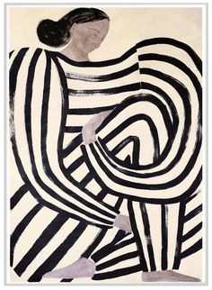 an abstract painting with black and white stripes on the back of a woman's body