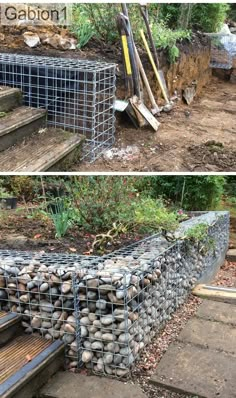 there are several steps made out of rocks and steel bars on the side of them