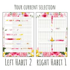 the printable planner is shown with flowers on it and text that says, your current selection