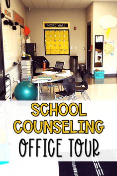 an office tour with the words school counseling office tour written in black and yellow on it