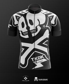 a black and white shirt with an image of a skull on the front is shown