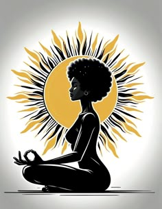 a woman sitting in the lotus position with sun behind her