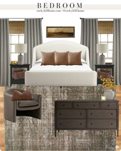 the bedroom is decorated in neutral tones and brown accents, including a bed with pillows