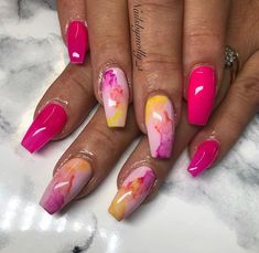 Neon Acrylic Nails, Fingernail Designs, Marble Nail, Sassy Nails, Ombre Nails Glitter, Work Nails, Pretty Nail Designs, Short Acrylic Nails Designs