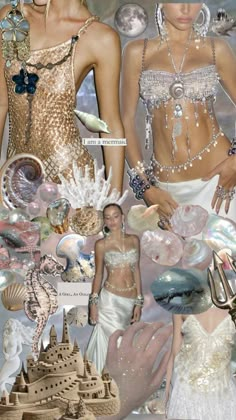 a collage of women in different dresses and jewelry, including shells, seashells