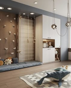 a child's room with stuffed animals on the floor and toys hanging from the wall