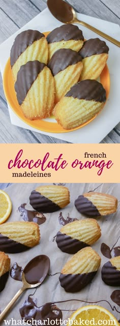 chocolate dipped orange cookies on a plate with spoons and lemon slices in the background