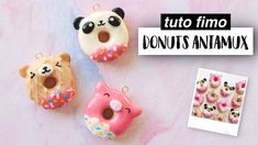 three donuts with different designs on them next to an image of a panda bear