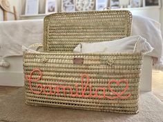 two wicker baskets with the word calm written on them