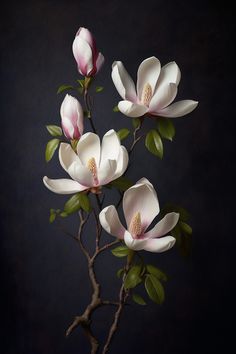 three white flowers with green leaves in a vase on a black background, one blooming and the other budding