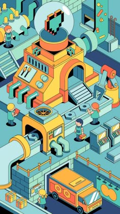 an illustration of a factory with machinery and people working on the assembly line in it