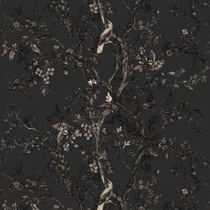 a black and white floral wallpaper with birds in the trees on it's sides