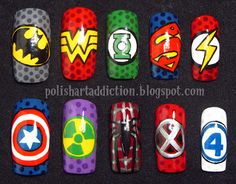 For a while now I've been wanting to do super hero nail art. Here's some more inspiration for me! Avengers Nail Art, Superhero Nails, Avengers Nails, Marvel Nails, Manicure Gel, Disney Nails, Cute Nail Art, Cool Nail Designs, Nail Art Inspiration