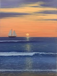 a painting of a sailboat in the ocean at sunset