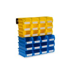 several plastic storage containers stacked on top of each other in blue, yellow and white