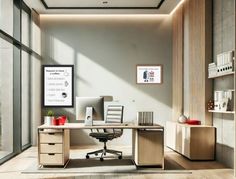 an office with a desk and chair in it