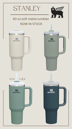 three different colored coffee mugs with the same color and size as well as their names