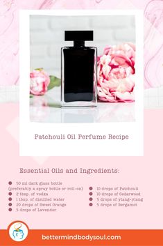 Patchouli Oil Blends, Patchouli Perfume Blend, Patchouli Perfume Diy, Perfume Making Recipes, Essential Oil Perfume Recipes, Perfume Fruity, Perfume Vanilla