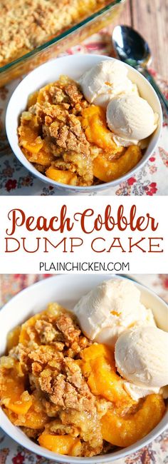 peach cobbler dump cake in a white bowl with ice cream on top and another serving dish next to it