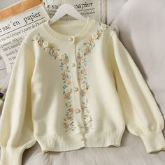 Floral Embroidered Cardigan (4 Colors) – Megoosta Fashion Cottagecore Clothes, Fall Cardigan, Fairycore Clothes, Warm Cardigan, Knitting Women Cardigan, Pola Sulam, Embroidered Cardigan, Floral Cardigan, Chic Sweaters