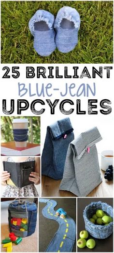 there are many different pictures of blue jeans and their accessories in this collage with the words 25 brilliant blue - jean upcycles