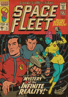 an old comic book cover with the title space fleet and two men pointing at something