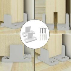 four pictures showing the different parts of a cabinet door with screws and brackets on each side