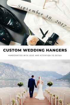 a couple walking down the aisle at their wedding ceremony with text overlay that reads, custom wedding hangers handcrafted with love and attention to detail