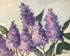 a painting of purple lilacs in a vase