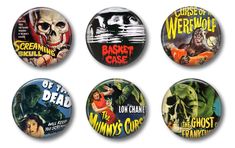 six pinback buttons depicting horror movies