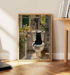 a black cat sitting on top of a toilet in front of a window with flowers