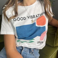 Spread positive energy with our Good Vibrations abstract cotton tee.As the world awakens add some nostalgic playful soul into your wardrobe with our astract inspired organic cotton tee, inspired by the iconic 66' Beach Boys song "Good Vibrations". Influenced by abstract artist Matisse, this colourful tee is perfect for those summer days!Our new oversized fit is the perfect piece to lounge around whilst feeling like your favourite vintage worn in t-shirt. Printed digitally directly on the garment Cheap Summer Daywear T-shirt, Affordable Graphic Tee With Text Print, Cheap Fun White Print T-shirt, Cheap Relaxed Fit T-shirt With Text Print, Cheap Retro Daywear Shirt, Simple Tshirt Design, Holiday Capsule Wardrobe, Bad Shirts, Positive Tees