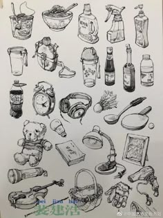 a drawing of various items that are on display in front of a white sheet with black ink