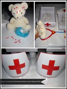 four pictures of teddy bears with first aid supplies